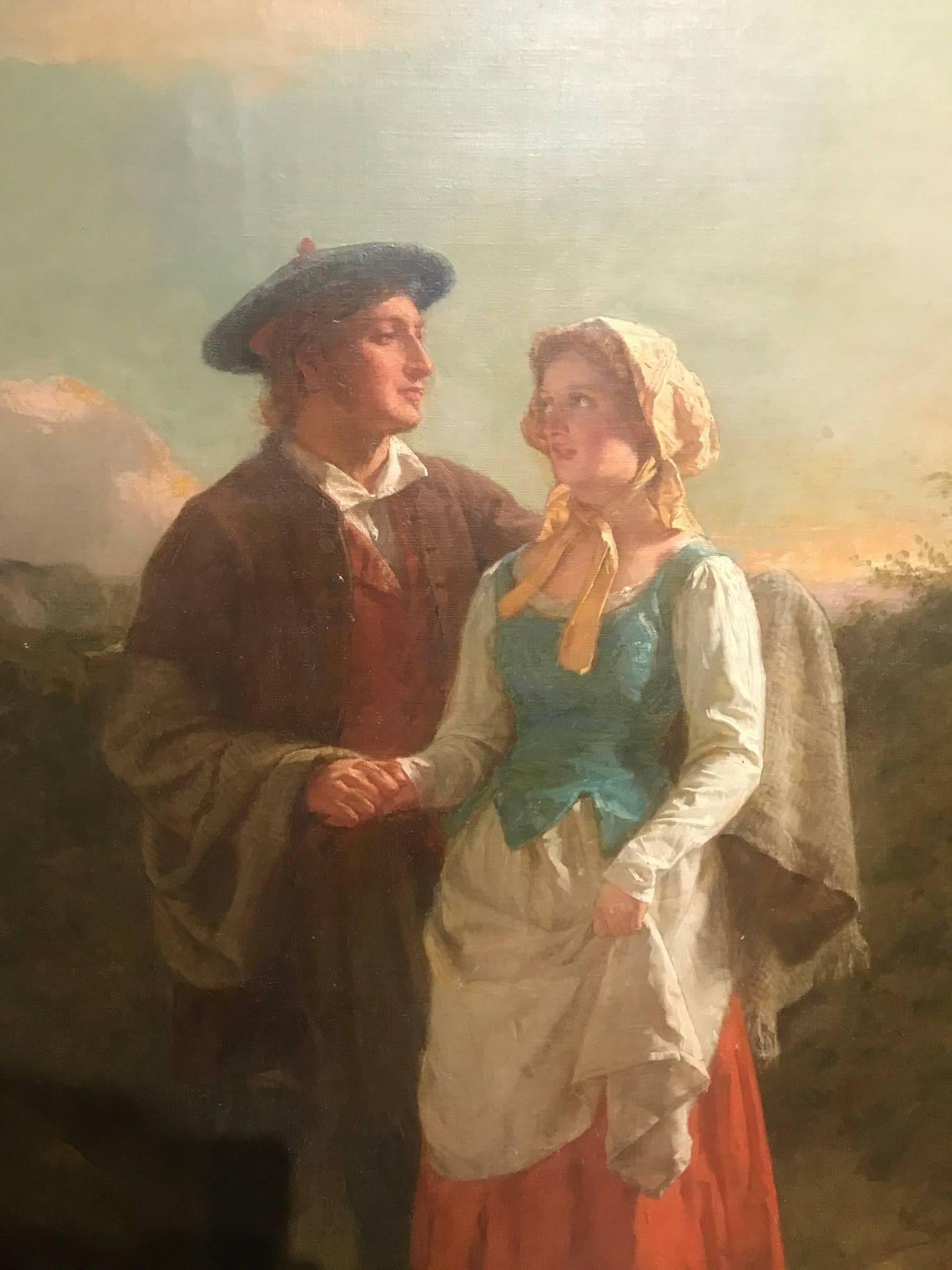 Hugh Cameron (1835-1918) notable oil on canvas portrait and landscape painting depicting a young lad and lass, signed lower right Hugh Cameron.

Artist listed in Benezit.

British, 19th–20th century, male.

Active in Edinburgh.

Born 1835,