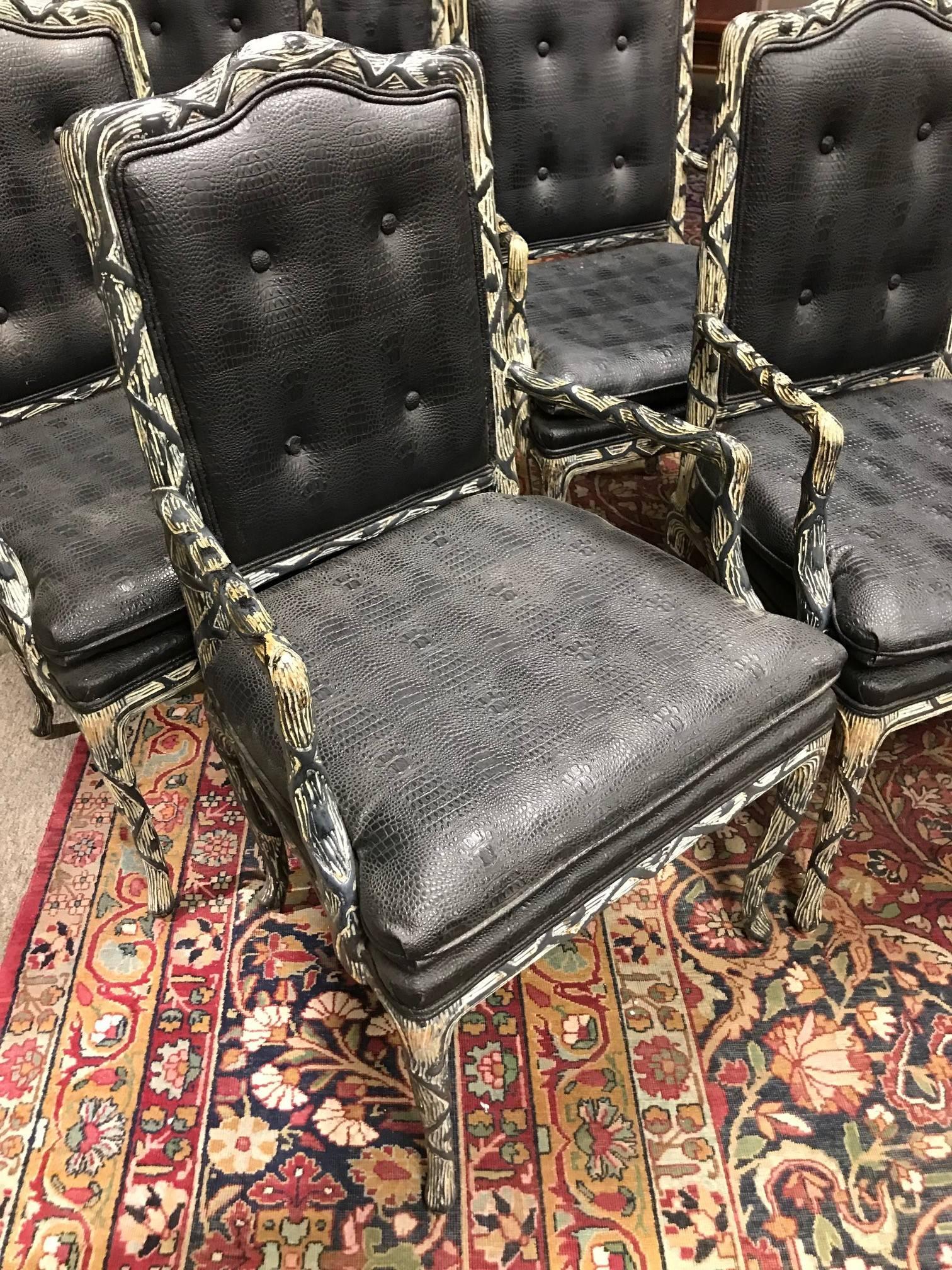 Fabulous set of 6 custom French styled open armchairs hand-crafted in Italy with lacquered ebonized finish and faux alligator fabric upholstered seats and backs. Nice contoured serpentine-shaped crestrails.

Circa: 1995

All in very good