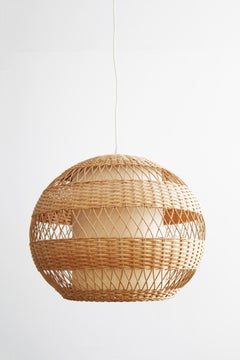 Large Mid-Century Raffia and Rattan Basket Pendant Light Boho Design 1950s