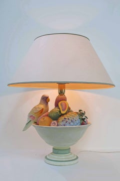 Large Hollywood Regency Table Lamp Parrot and Fruit bowl Design Italy 1990s