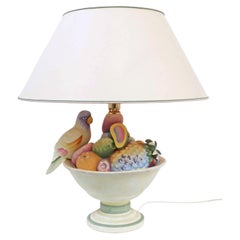 Large Hollywood Regency Table Lamp Parrot and Fruit bowl Design Italy 1990s