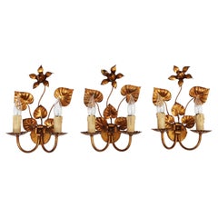 3 Set Italian golden floral florentine Hollywood Regency wall sconce Italy 1970s