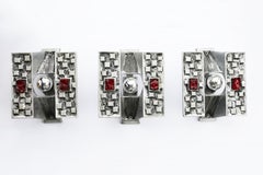 Brutalist Wall Lamps in Aluminum and Red Chunk Glass 1960s Set of 3