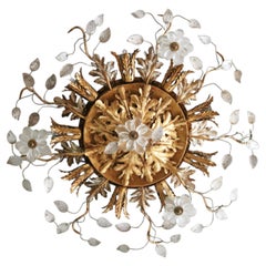 Large Maison Baguès Flush Mount Lamp Crystal Flowers France 1950