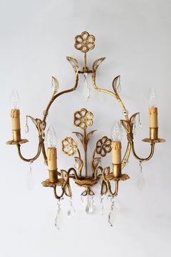 Large Hollywood Regency Wall Lamp 4 light Crystal Flowers Italy 1960s 1 of 3