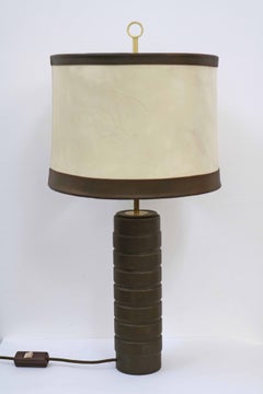 Large Mid Century Table Lamp in Leather and Parchment by Charlotte Waver 1970s