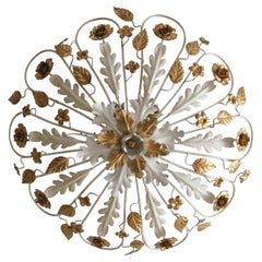 Large Italian Florentine Hollywood Regency Flush Mount Lamp with Flowers 1970s
