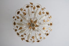 Large Italian Florentine Hollywood Regency Flush Mount Lamp with Flowers 1970s