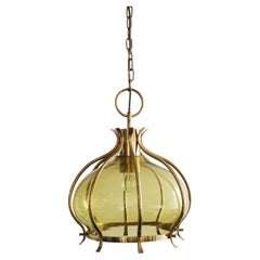 Large Mid Century Modern Onion Pendant Lamp in Brass and Glass 1960s