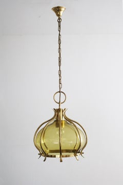 Large Mid Century Modern Onion Pendant Lamp in Brass and Glass 1960s