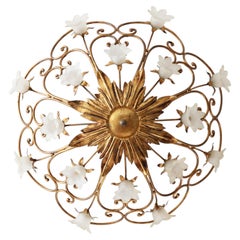 Large Hollywood Regency Italian Florentine Flush Mount with Glass Flowers 1970s