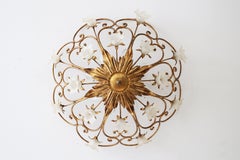 Large Hollywood Regency Italian Florentine Flush Mount with Glass Flowers 1970s