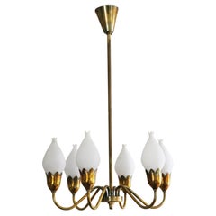 Mid-Century Fog & Morup Tulip Chandelier brass and opal glass Denmark 1950s