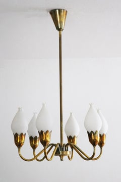 Mid-Century Fog & Morup Tulip Chandelier brass and opal glass Denmark 1950s