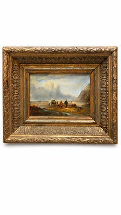 French Coastal Scene with Figures and Horse, Oil on Panel Signed Aubert, circa 1