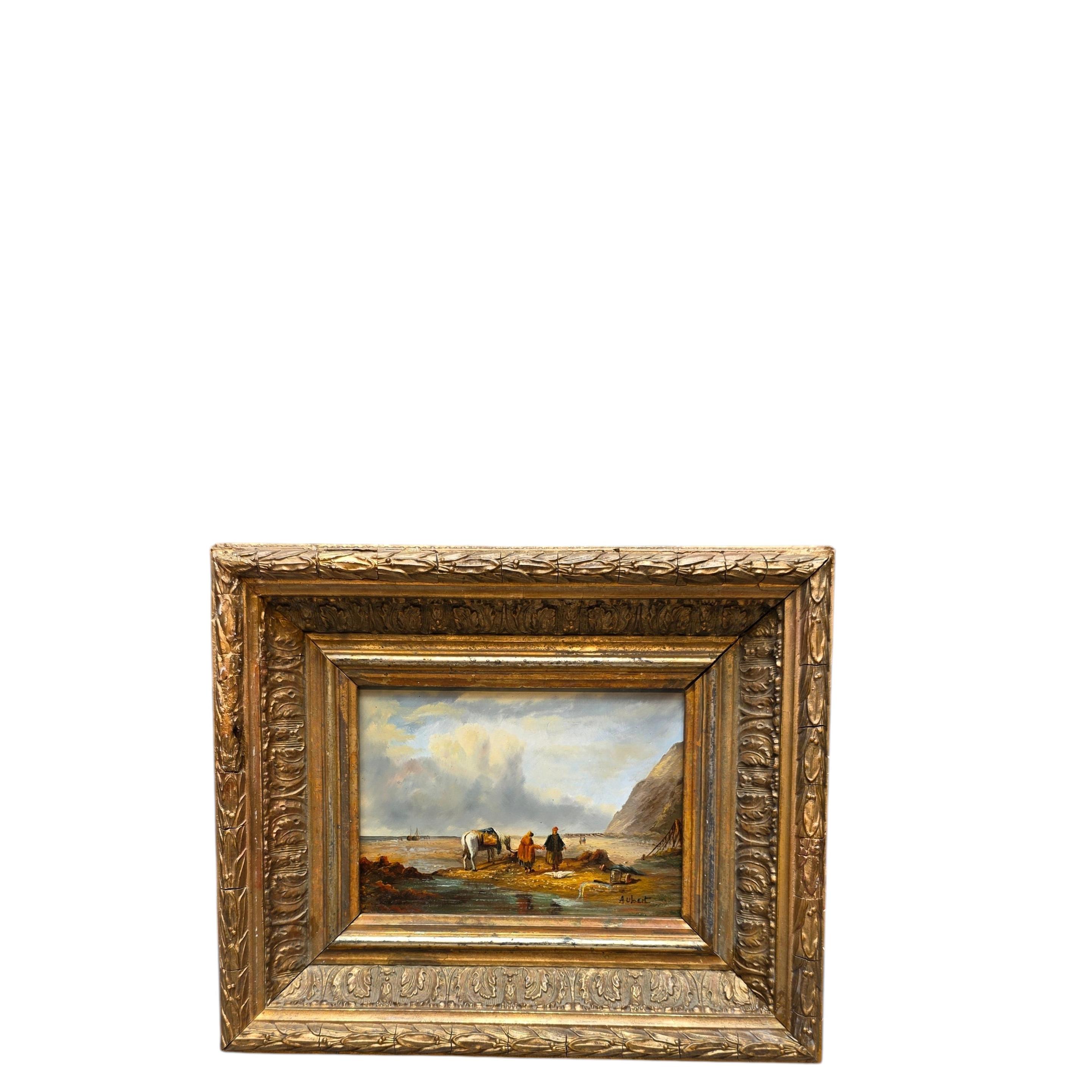 French Coastal Scene with Figures and Horse, Oil on Panel Signed Aubert, circa 1 For Sale