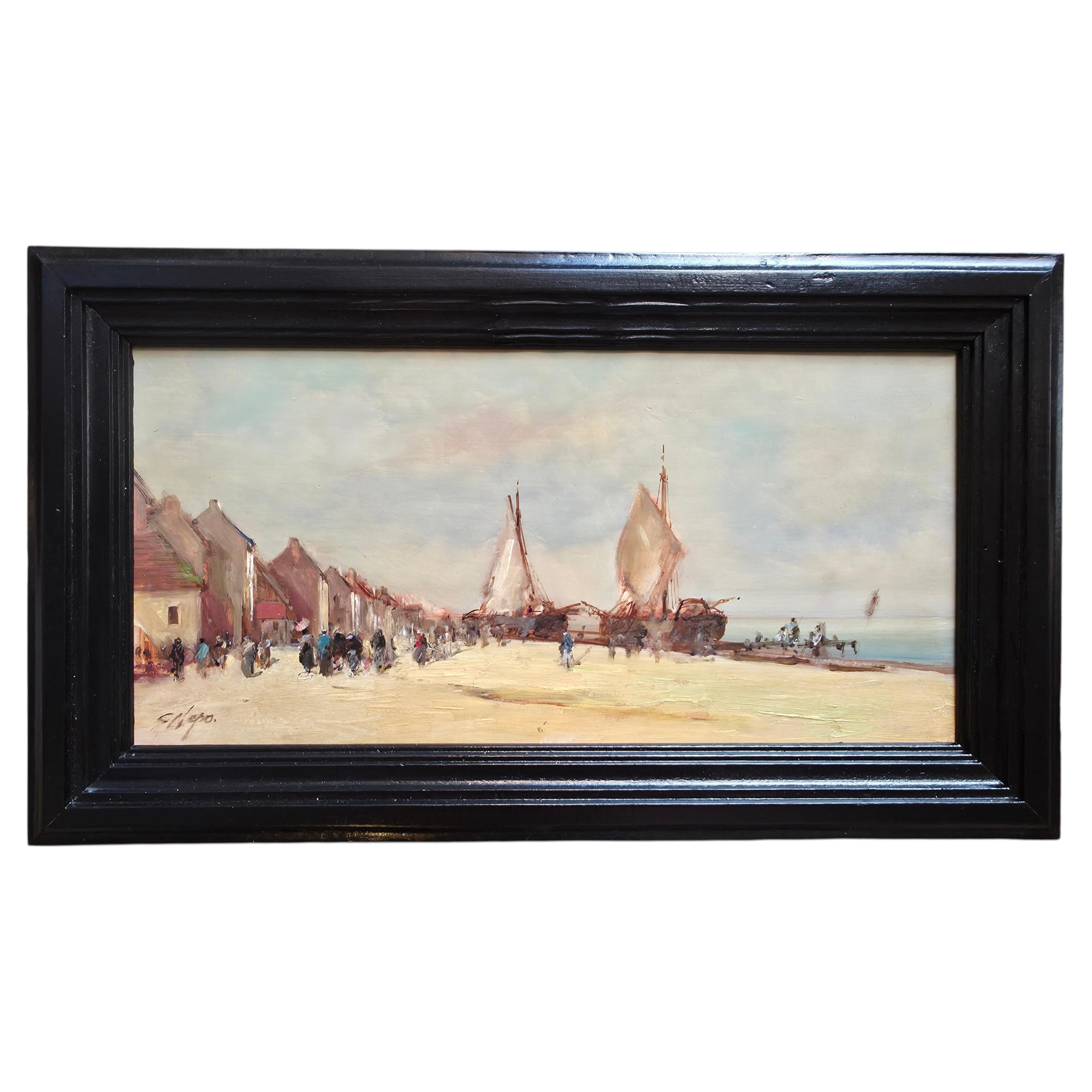 Christian Nepo (1941–2016), Lively Harbor Scene, Oil on Panel, 20th Century For Sale