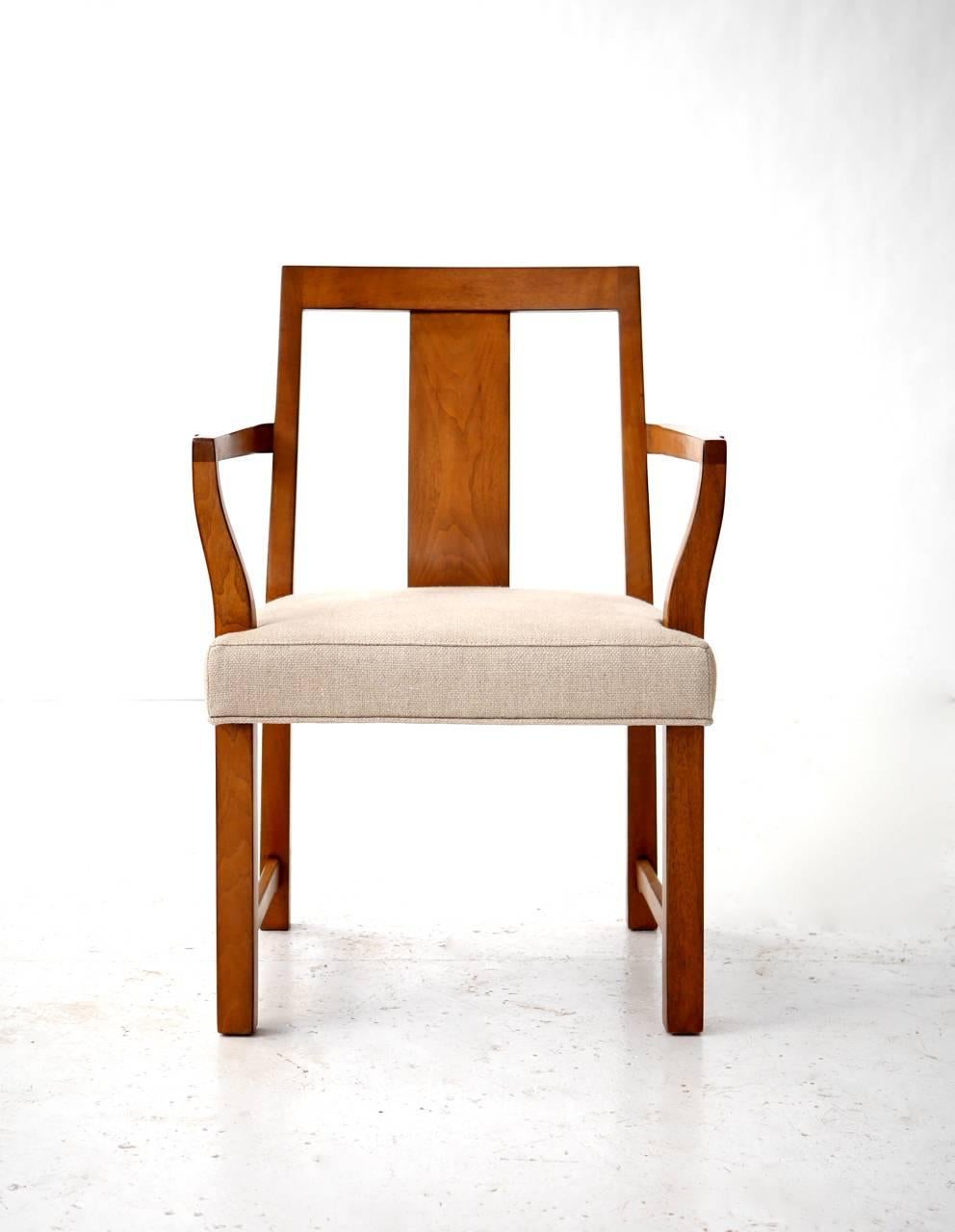 Dunbar model #295W armchair and 294W side chair reupholstered in natural linen.