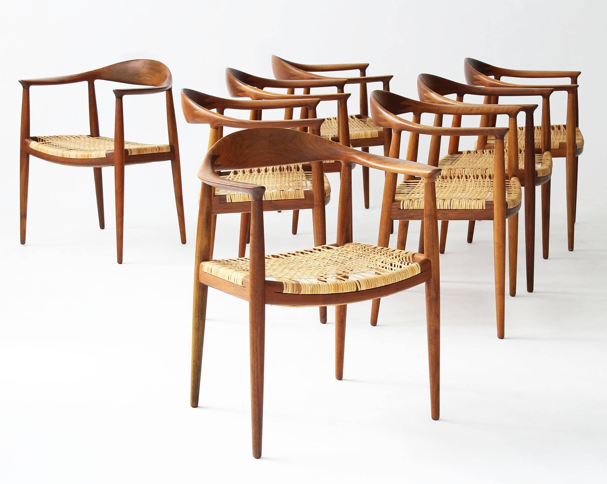 Iconic Hans Wegner round chair, also known as the chair, set of eight.
All examples bear the Johannes Hansen branding on support bar under the seats.
'The Chair' lives up to its given name with its perfect marriage of beautiful form and