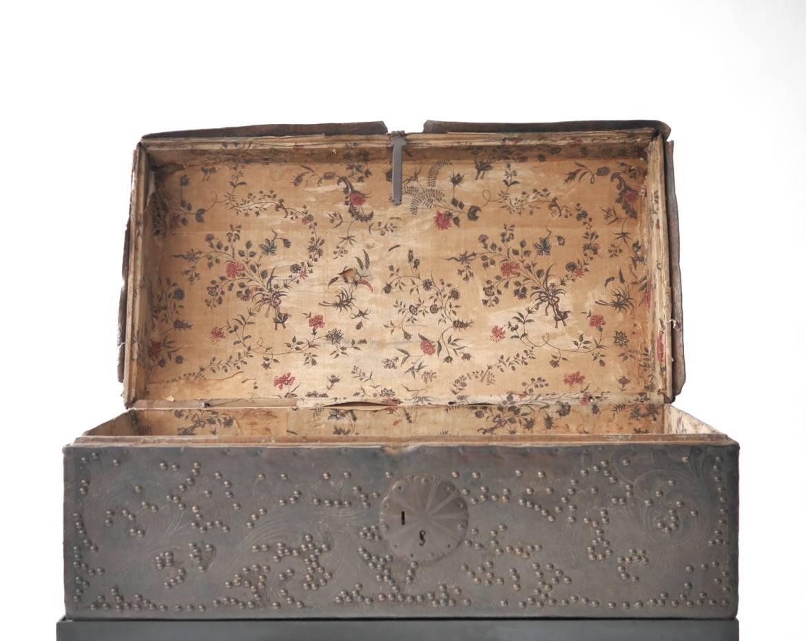 Etched Spanish Colonial Leather Trunk For Sale