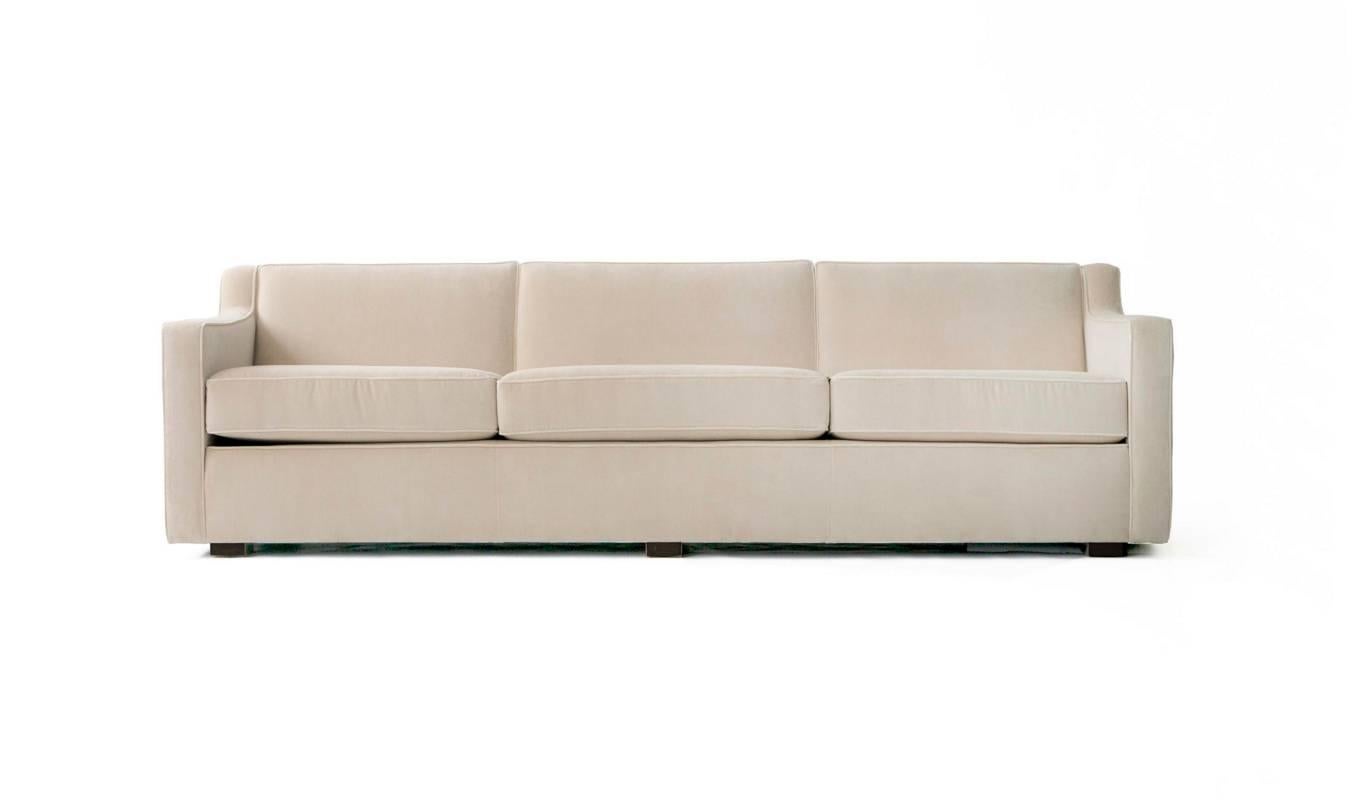 Edward Wormley three-seat sofa for Dunbar recovered in a linen velvet.