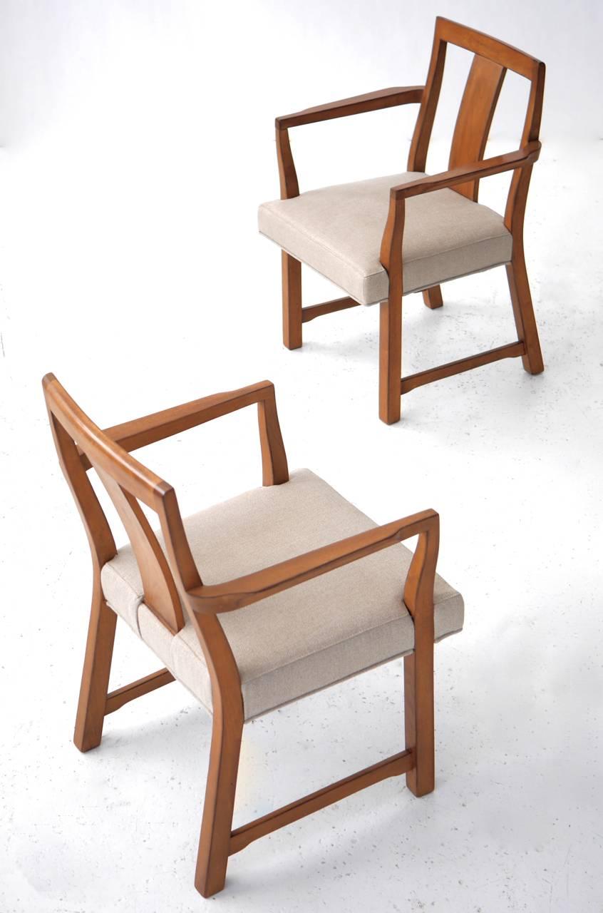 Linen Six Edward Wormley Walnut Dining Chairs