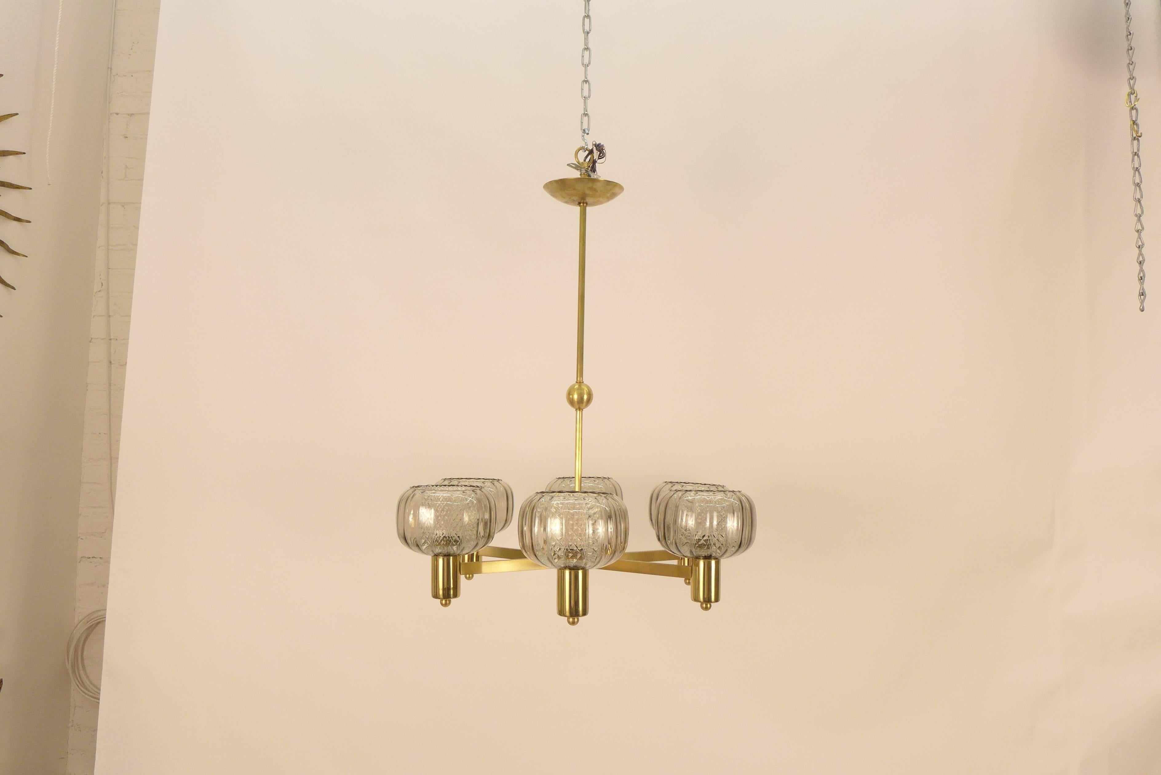 Brass and Smoke Glass German Chandelier 1970's In Good Condition For Sale In Tarrytown, NY