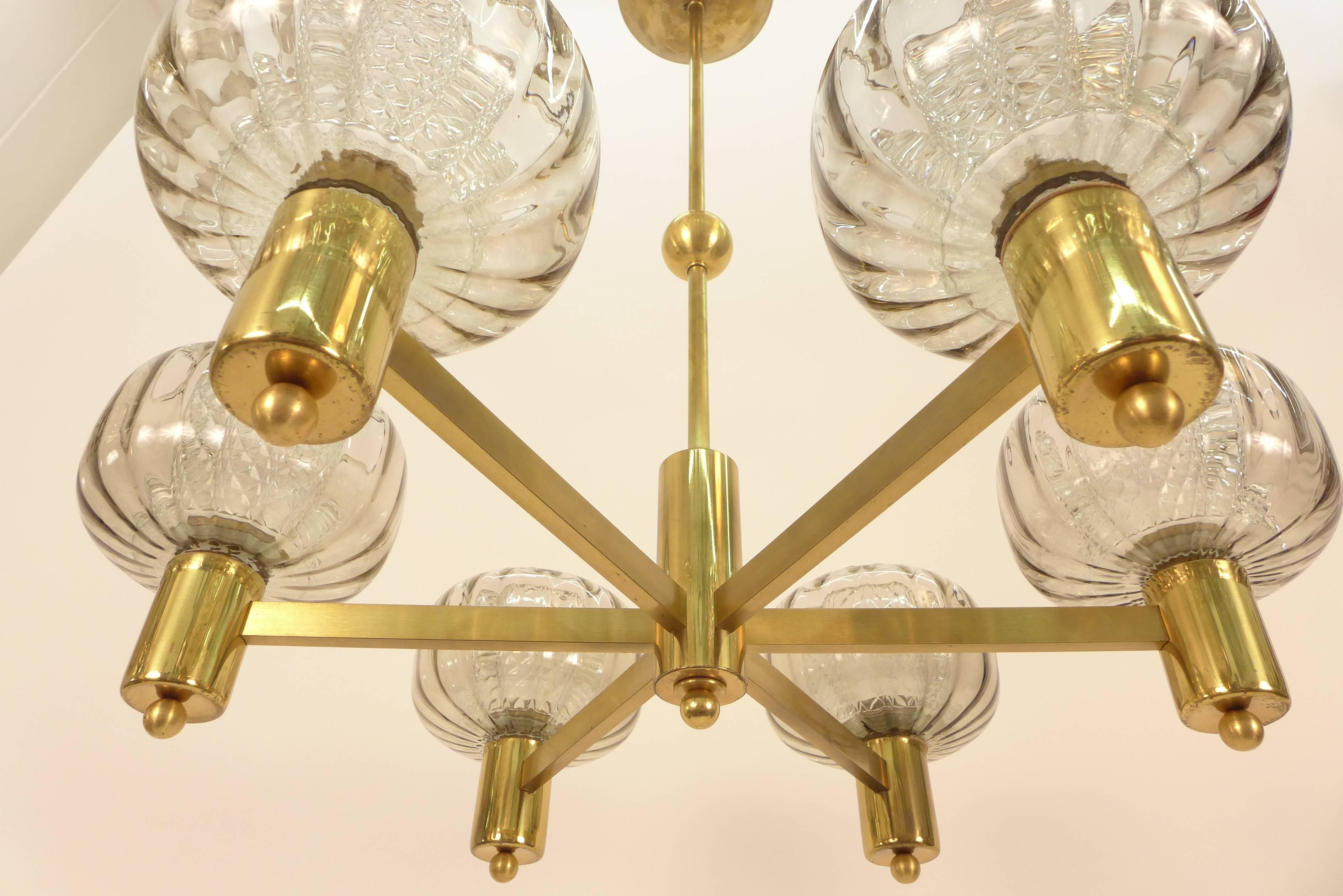 20th Century Brass and Smoke Glass German Chandelier 1970's For Sale