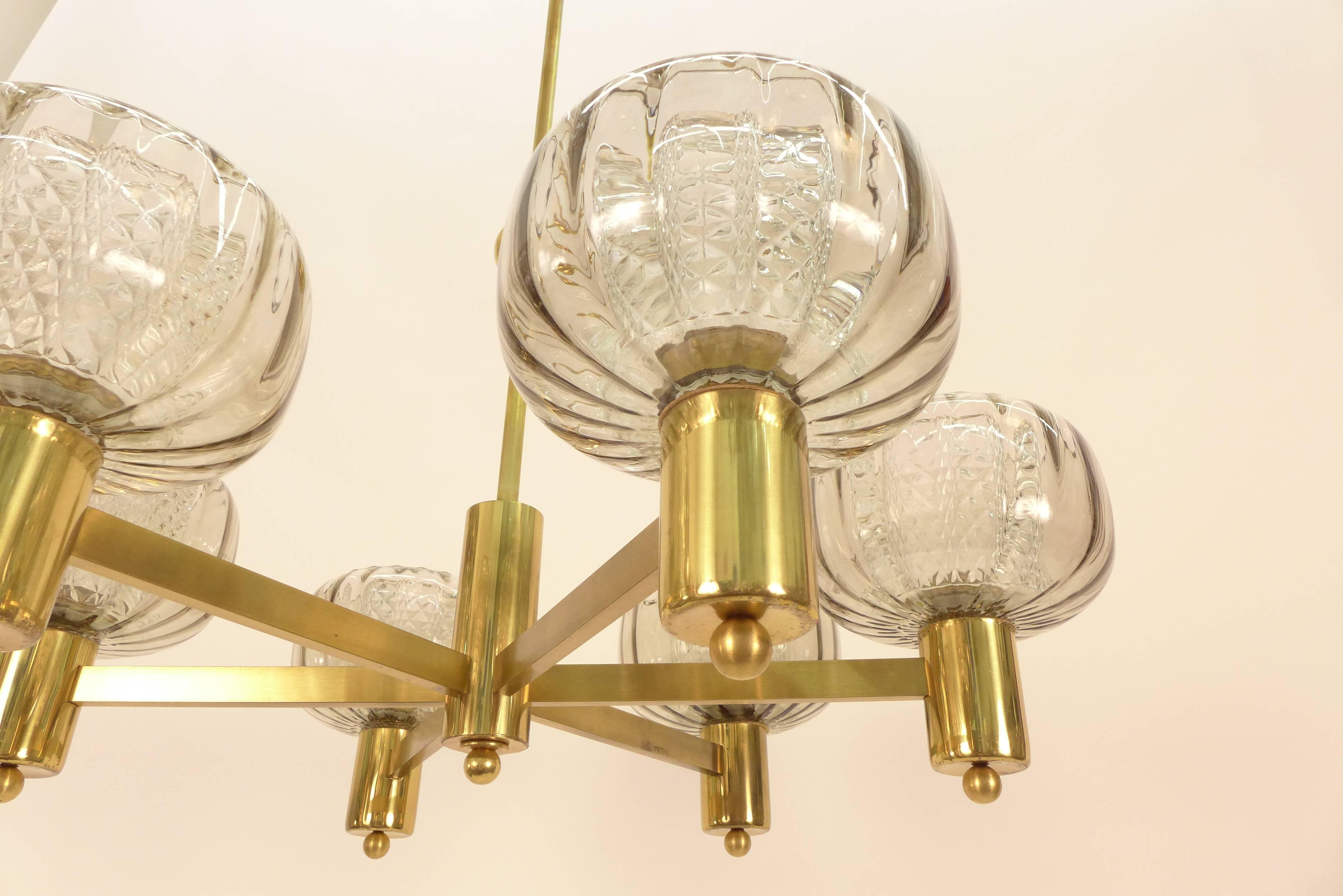 Brass and Smoke Glass German Chandelier 1970's For Sale 2