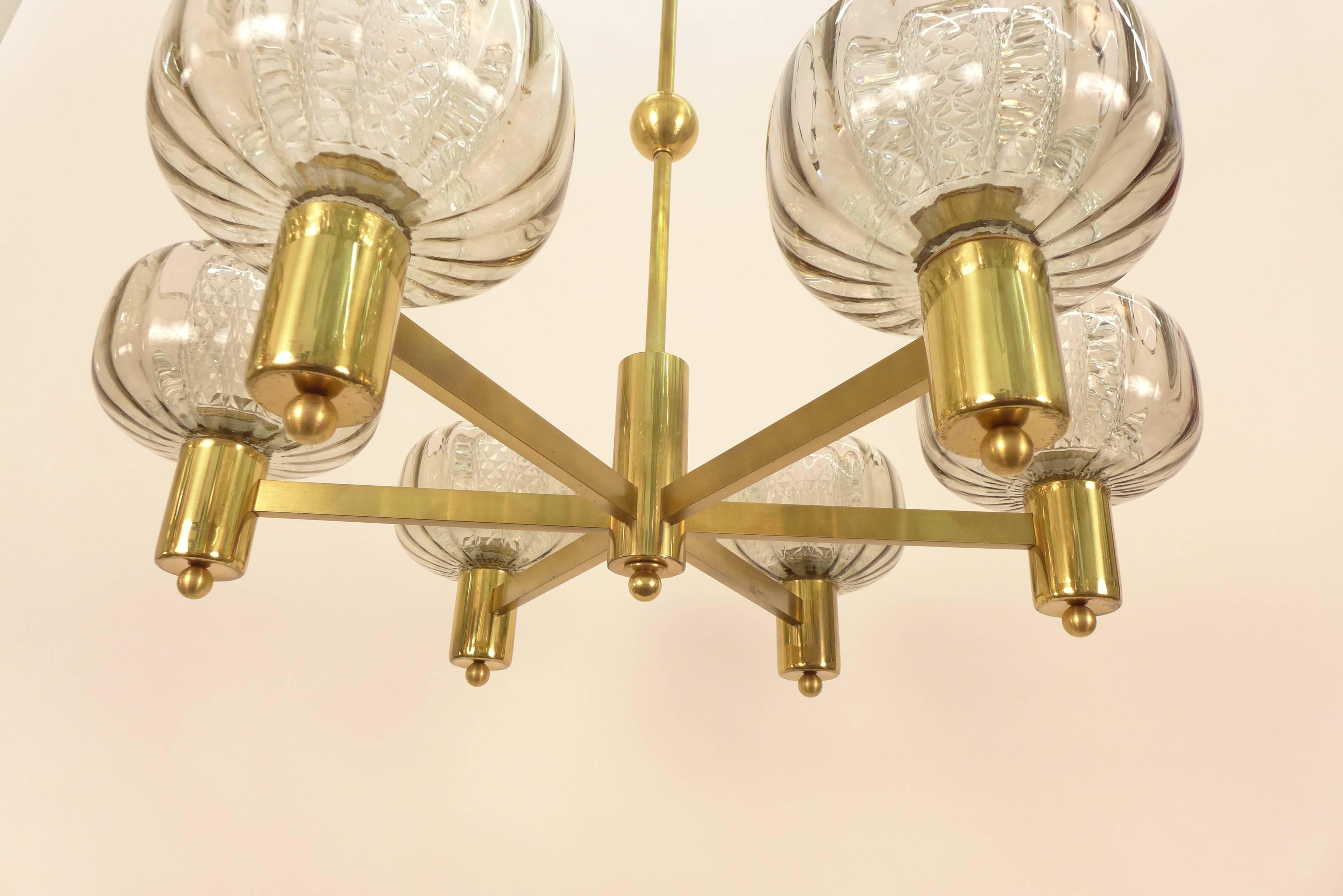 Brass and Smoke Glass German Chandelier 1970's For Sale 4