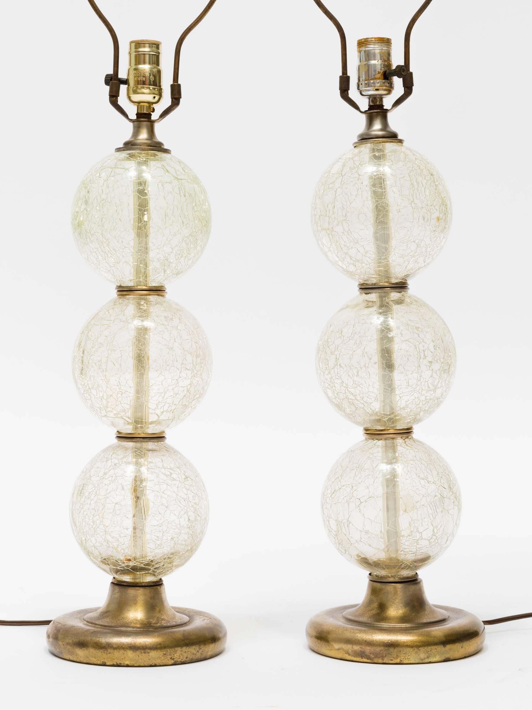 Pair of 1950s Crackle Glass Ball Lamps In Fair Condition In Tarrytown, NY