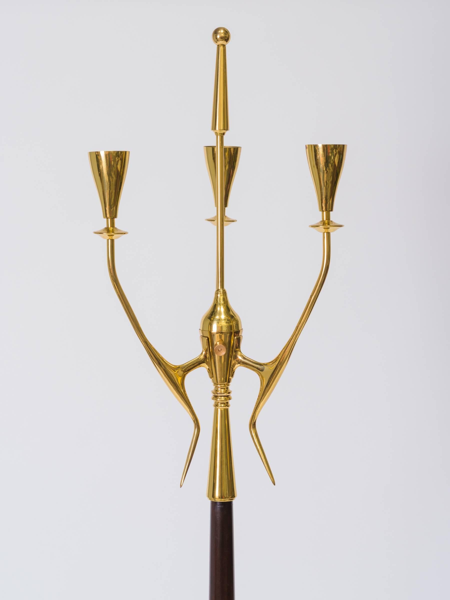 Late 20th Century Italian Brass and Wood Floor Lamp