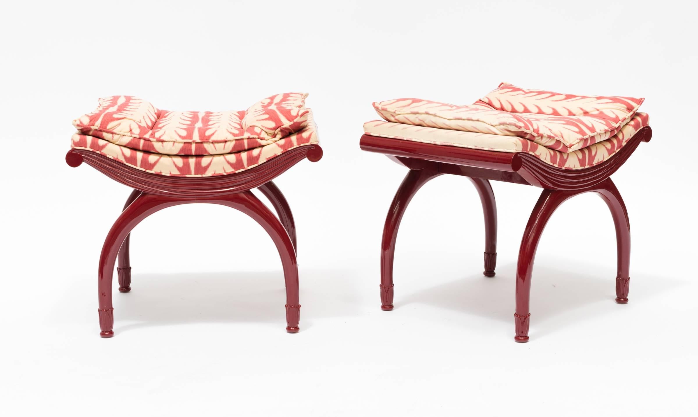 Pair Of Red 1940s Lacquered Benches In Good Condition In Tarrytown, NY