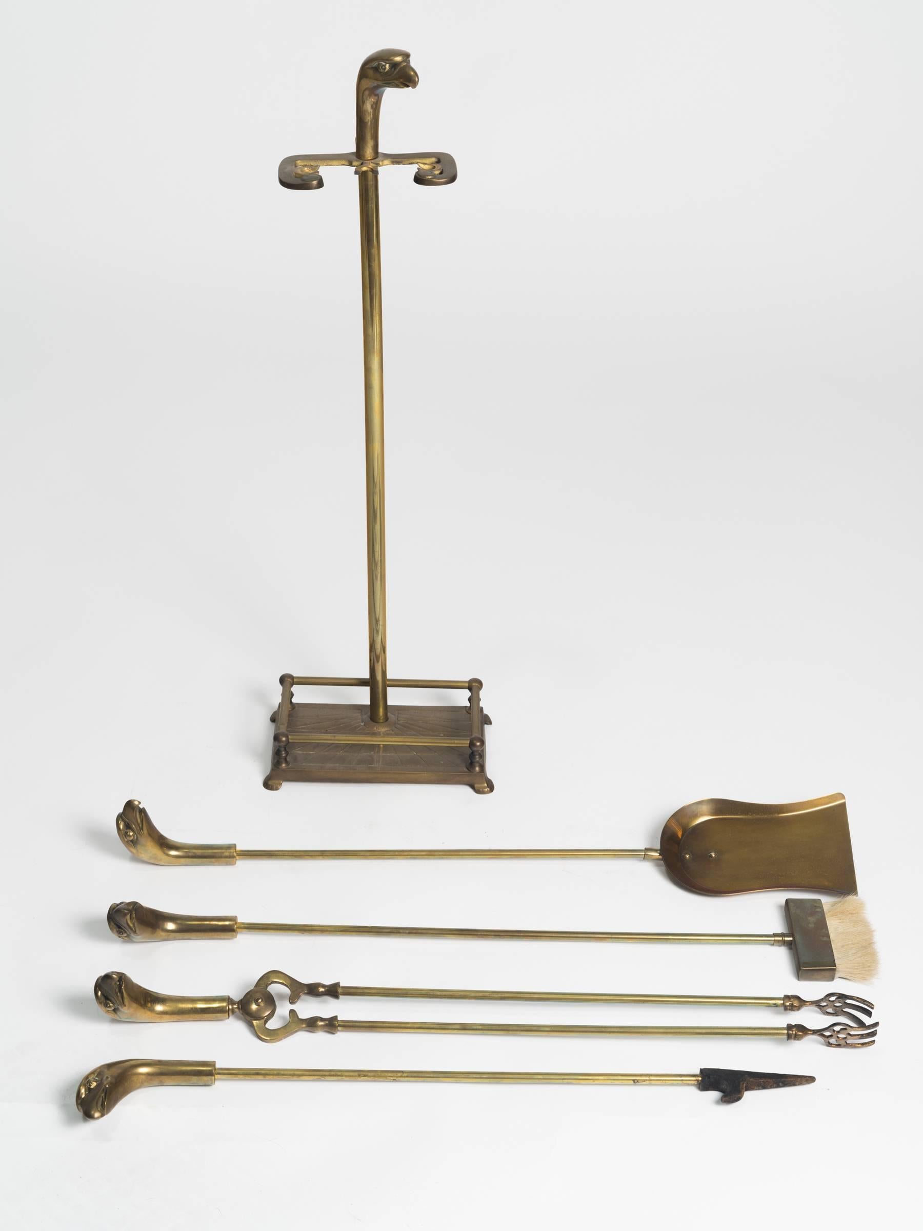 Brass Eagle Head Fireplace Tool Set 4