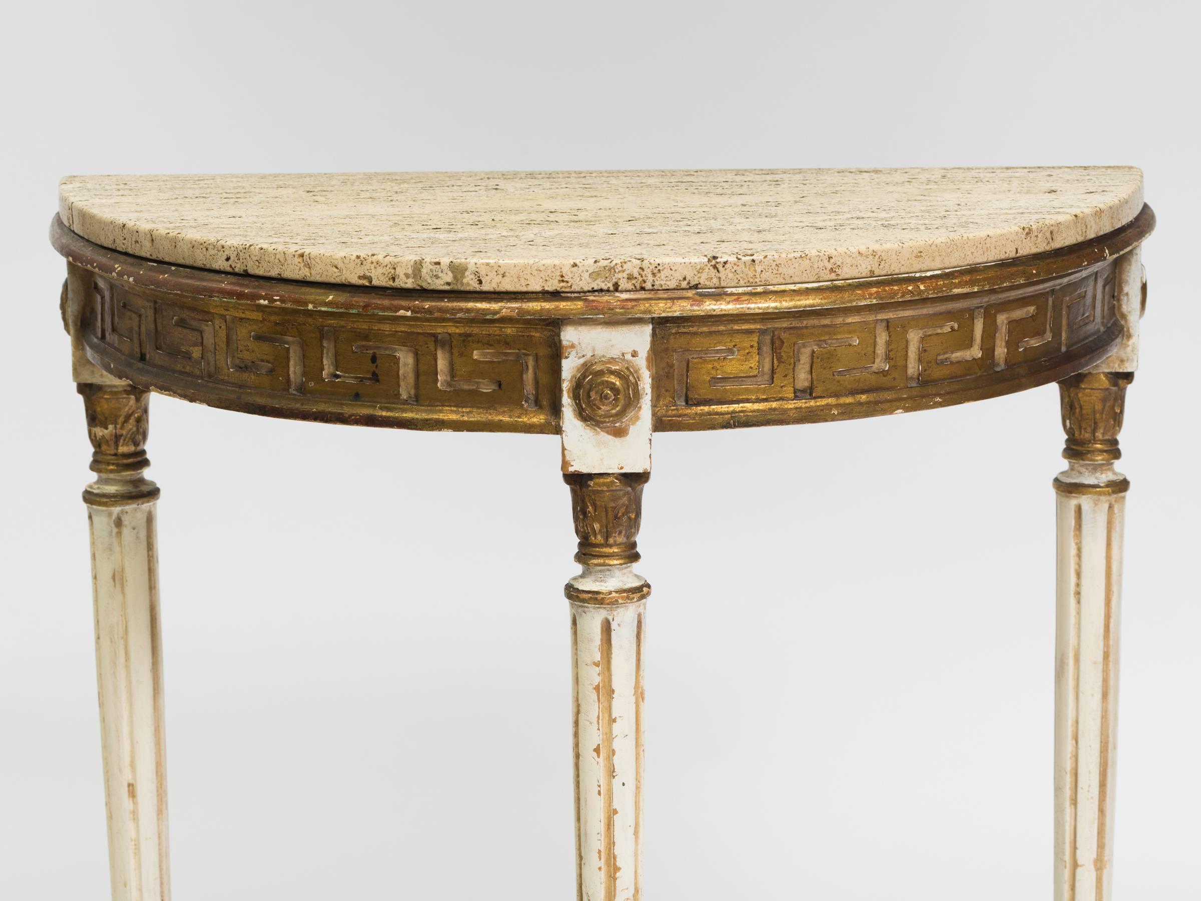 Italian wood demilune console with travertine top.
