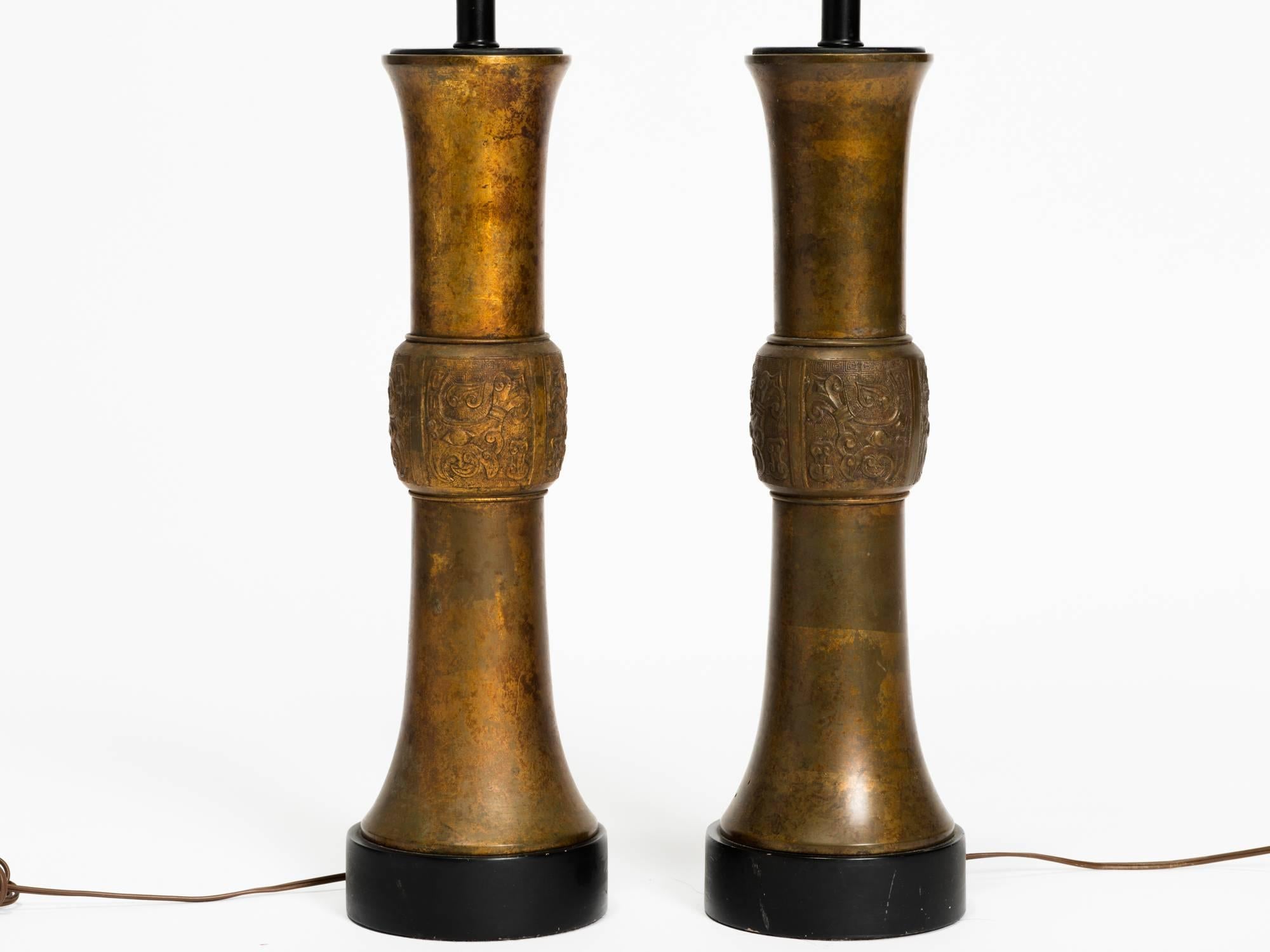 Pair of Asian Bronze Cylindrical Lamps In Good Condition In Tarrytown, NY
