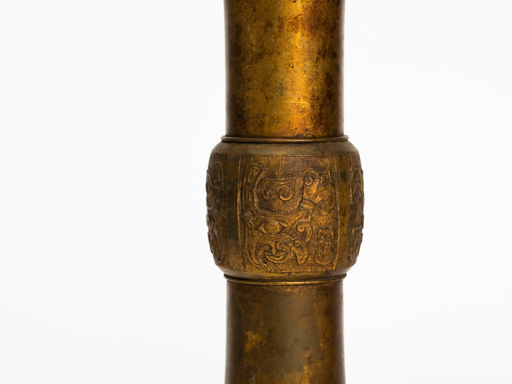 Late 20th Century Pair of Asian Bronze Cylindrical Lamps