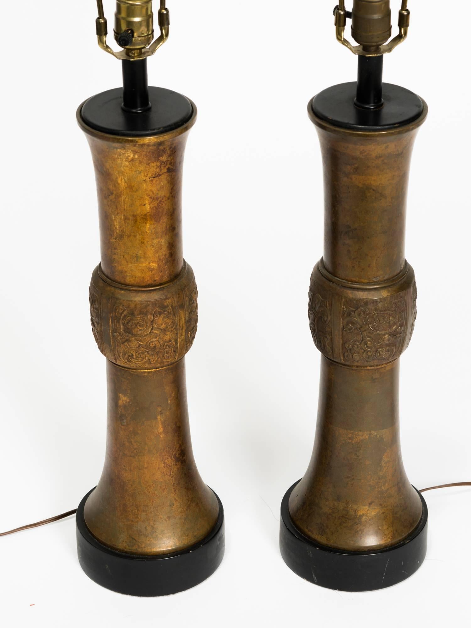 Pair of Asian Bronze Cylindrical Lamps 1