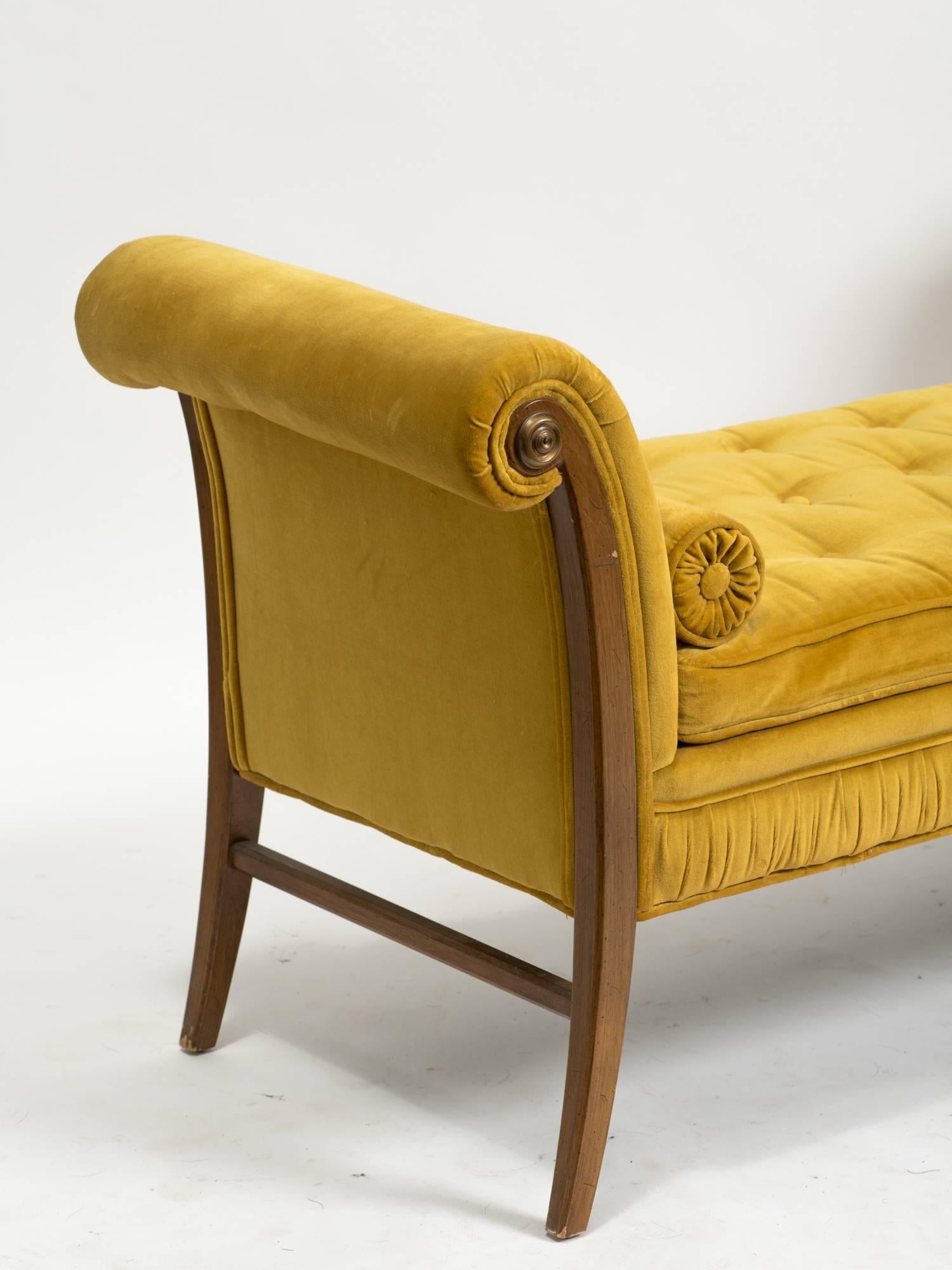 Scrolled arm window seat bench.

Original upholstery.