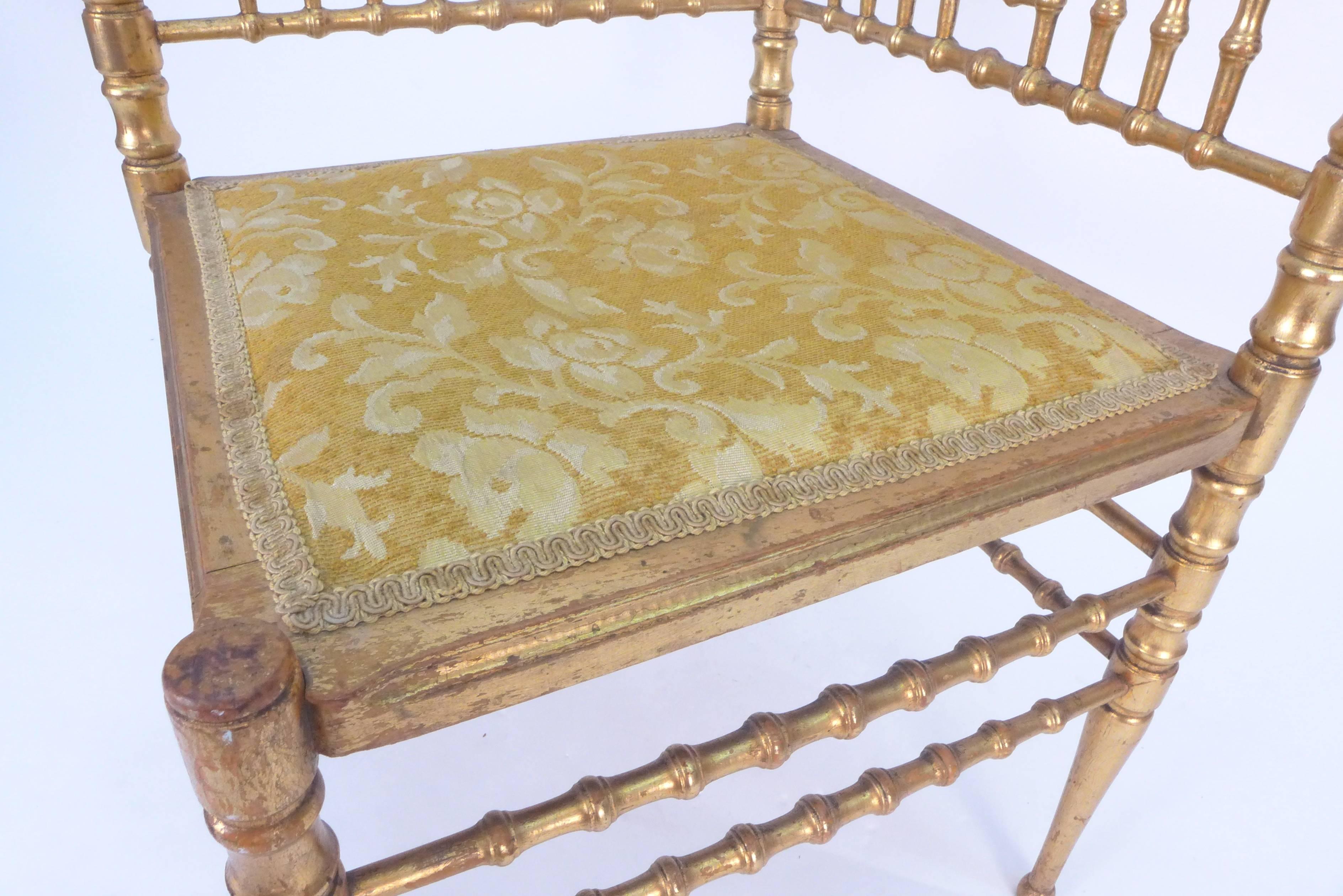 European Italian Gold Leaf Bamboo Corner Chair For Sale