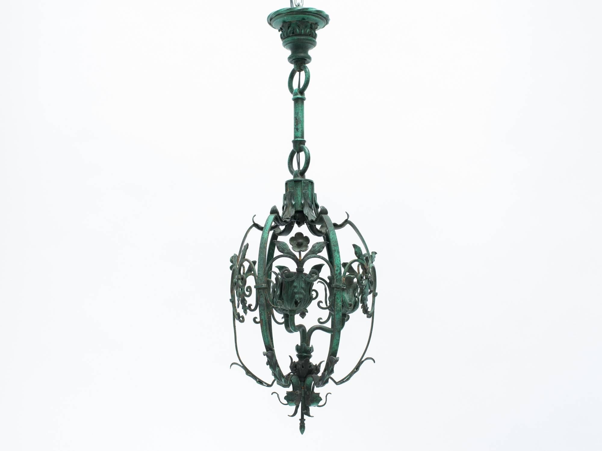 1920's Bronze  Floral Lantern With Patinated Finish In Good Condition In Tarrytown, NY