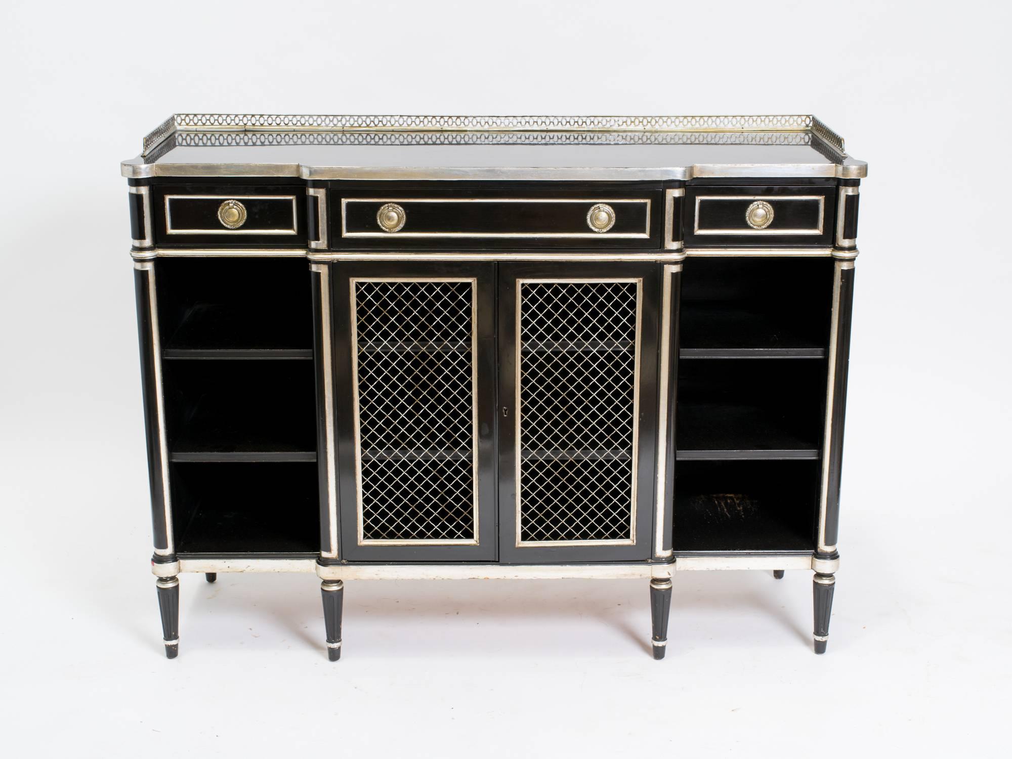 High quality black lacquer and silver leaf 1940s Regency style credenza.