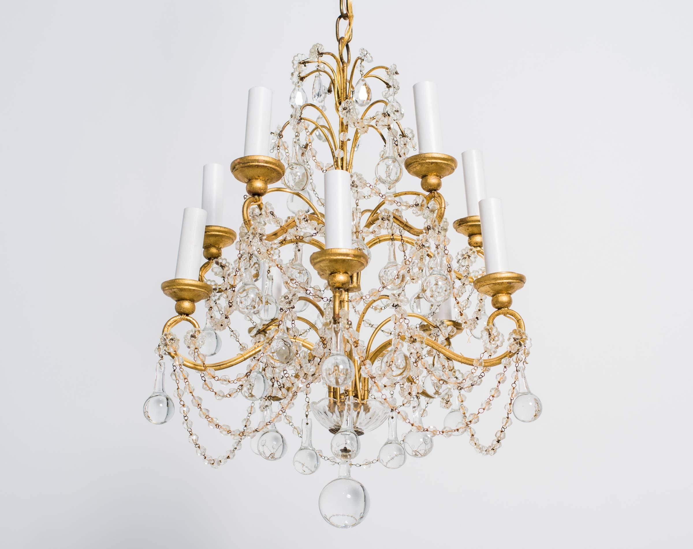 Italian Crystal Drop and Giltwood Chandelier In Good Condition For Sale In Tarrytown, NY