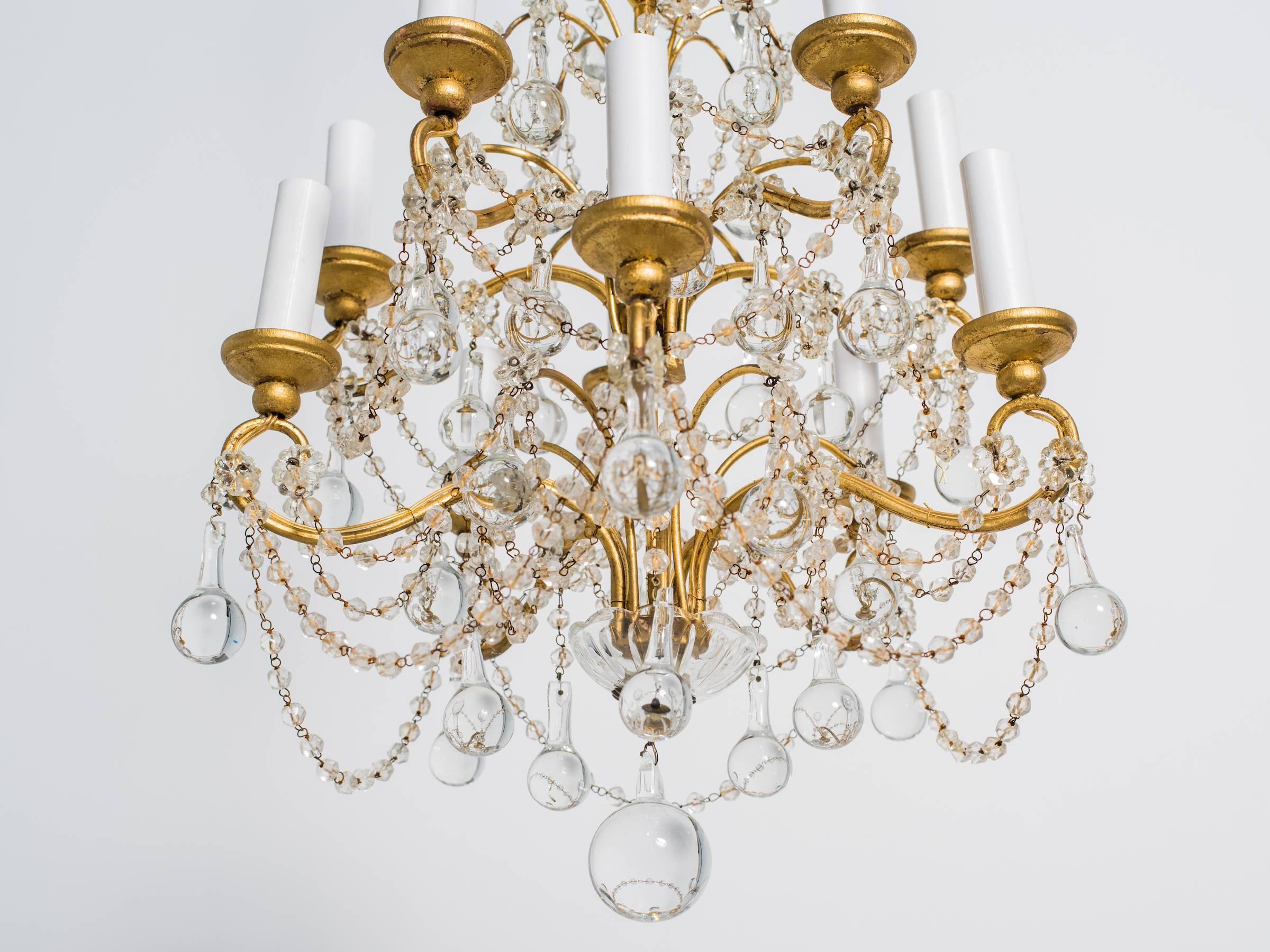 Italian Crystal Drop and Giltwood Chandelier For Sale 2