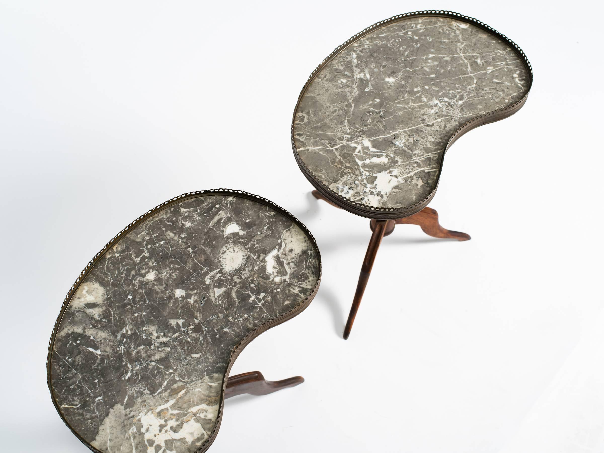 Mid-20th Century Pair of French Kidney-Shaped Marble-Top Side Tables with Brass Gallery