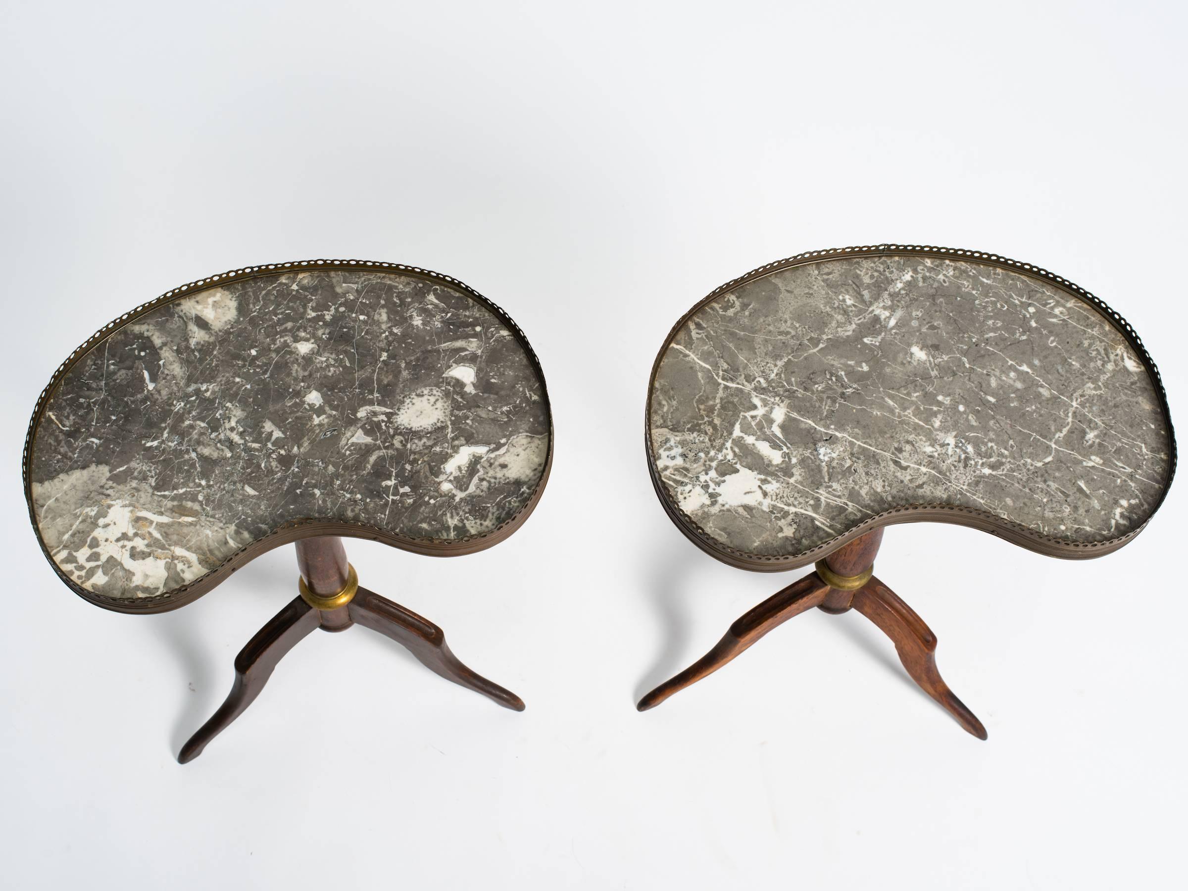 Pair of French Kidney-Shaped Marble-Top Side Tables with Brass Gallery 5