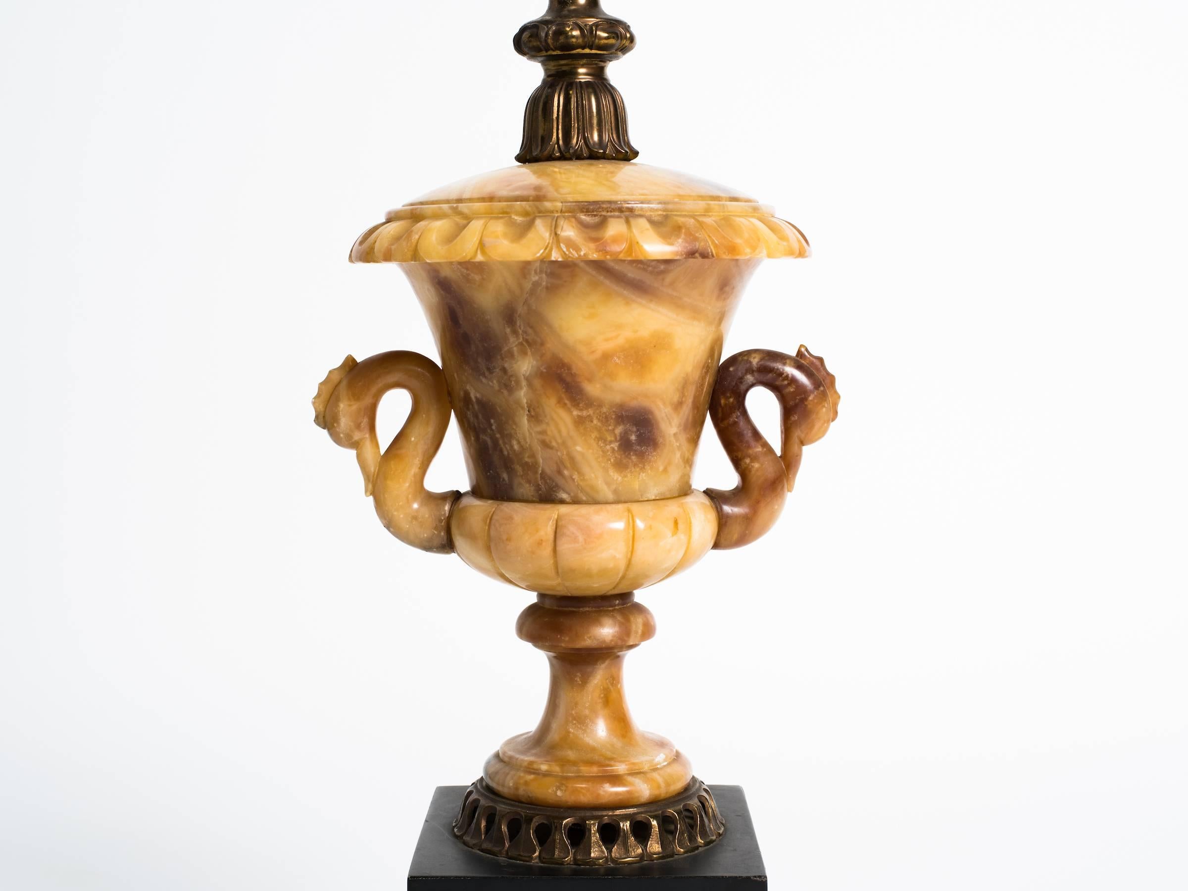 Marble urn lamp on wood base. 

Height is to the top of the socket.
     