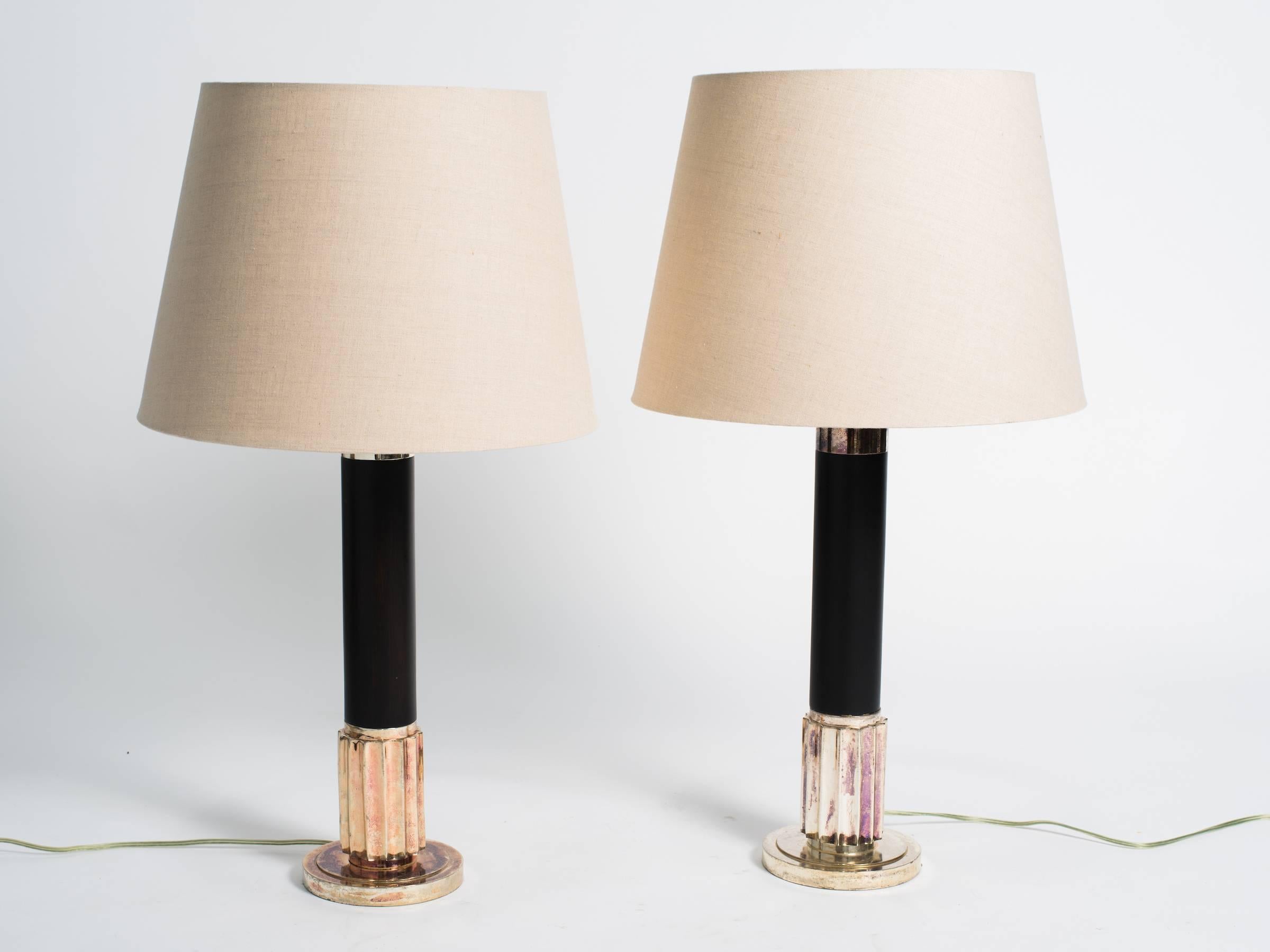 Deco style wood and silver plate Ralph Lauren lamps, with shades.

Dimensions are to the top of the socket.