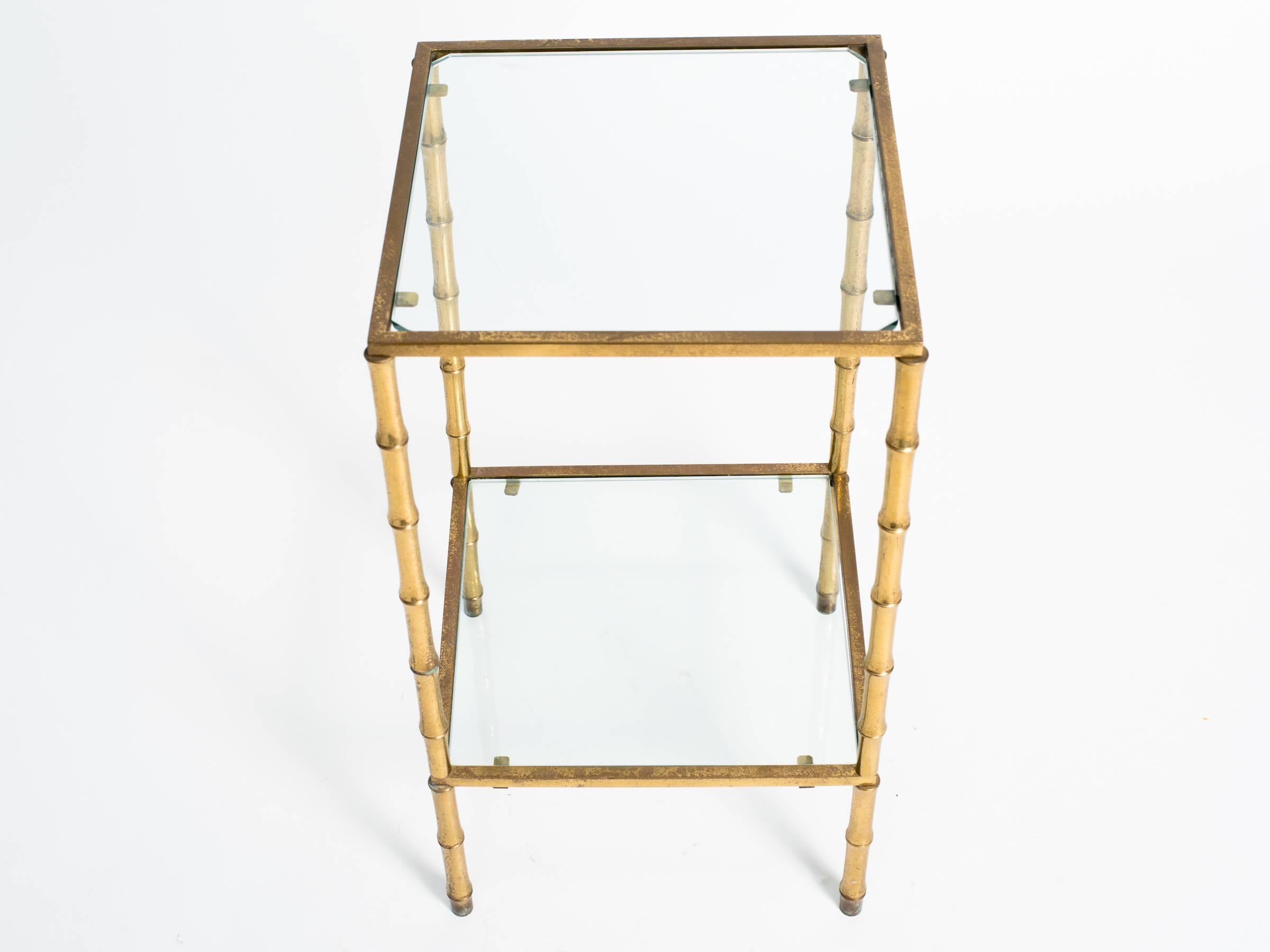 1950s brass faux bamboo two-tier side table.