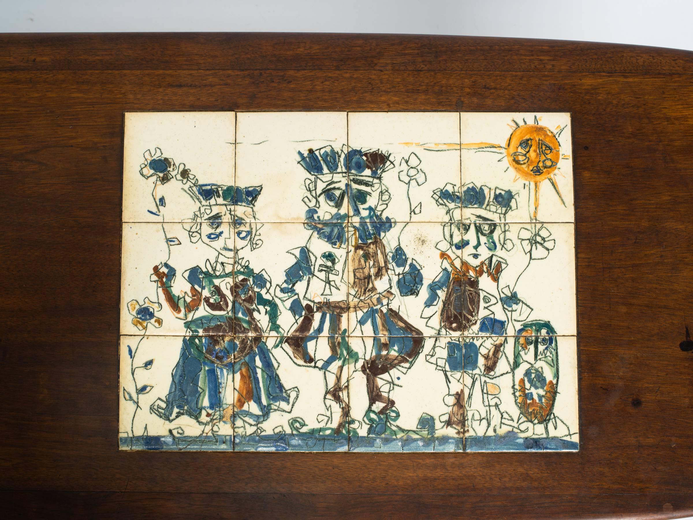 Hand-painted tile top table by the artist Alvin Hollingsworth. Hollingsworth was the first African-American comic book artist who then became famous for his modern paintings.